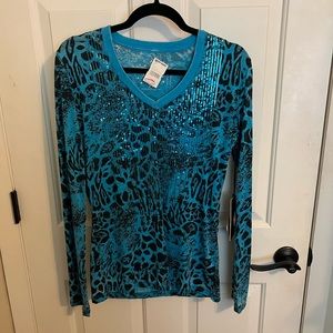Blue sequin long sleeve shirt